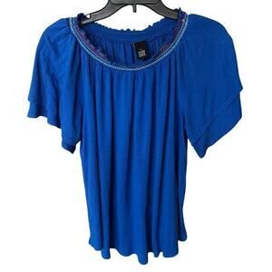 UNBRANDED Blue Jersey knit stretch embroidered boho whimsy Beachy Sz L